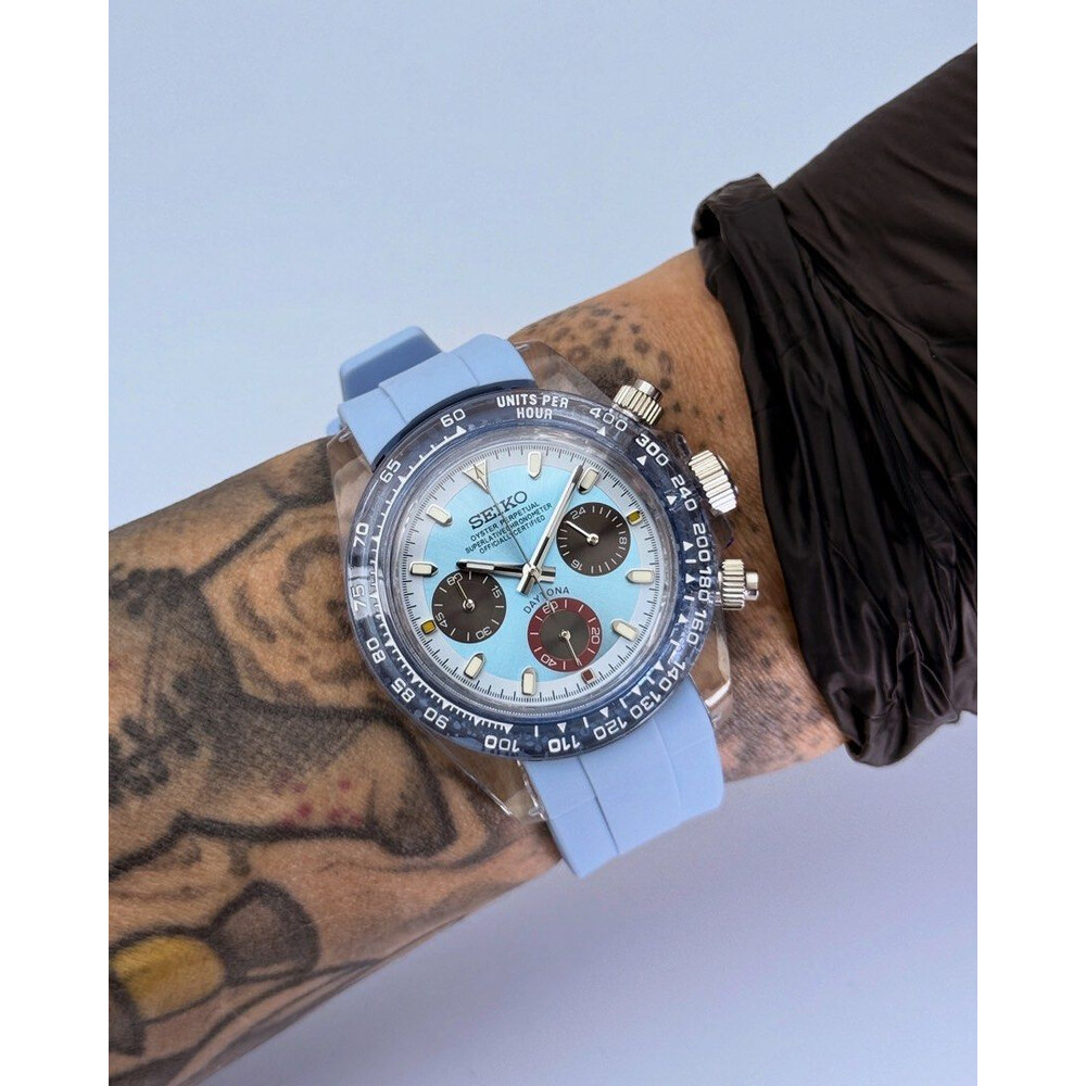 Custom Seiko Mod • Clear Light Blue Plastic Daytona • 39mm